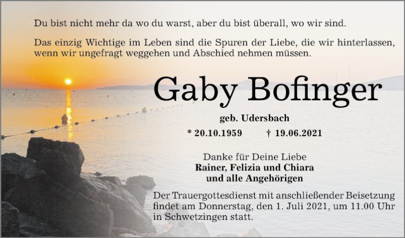  Traueranzeige für Gaby Bofinger vom 26.06.2021 aus Schwetzinger Zeitung