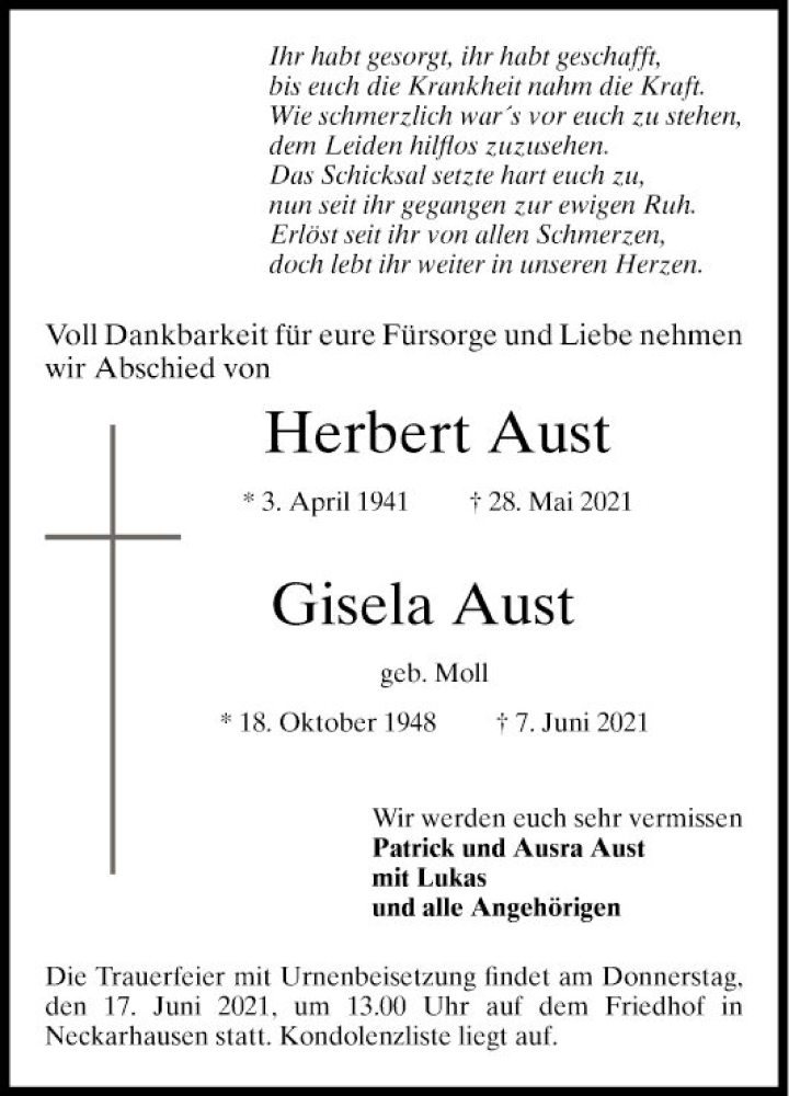  Traueranzeige für Gisela Aust vom 12.06.2021 aus Mannheimer Morgen