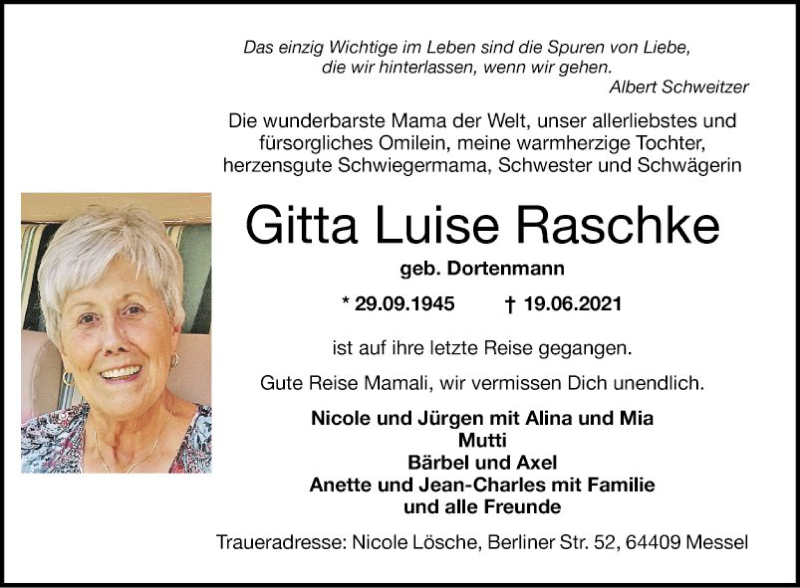  Traueranzeige für Gitta Luise Raschke vom 26.06.2021 aus Mannheimer Morgen