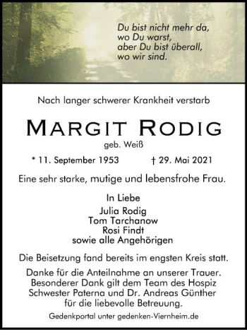 Traueranzeige von Margit Rodig von Südhessen Morgen