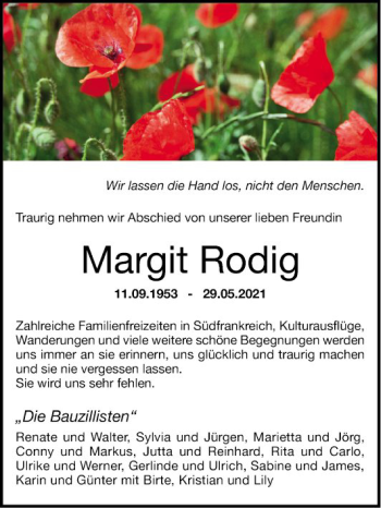 Traueranzeige von Margit Rodig von Südhessen Morgen