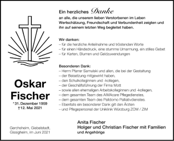 Traueranzeige von Oskar Fischer von Fränkische Nachrichten