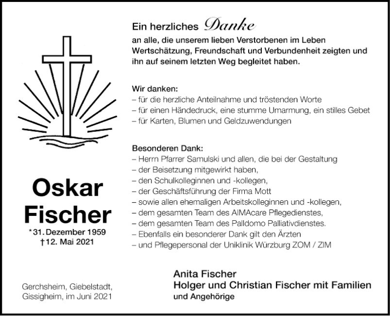  Traueranzeige für Oskar Fischer vom 05.06.2021 aus Fränkische Nachrichten