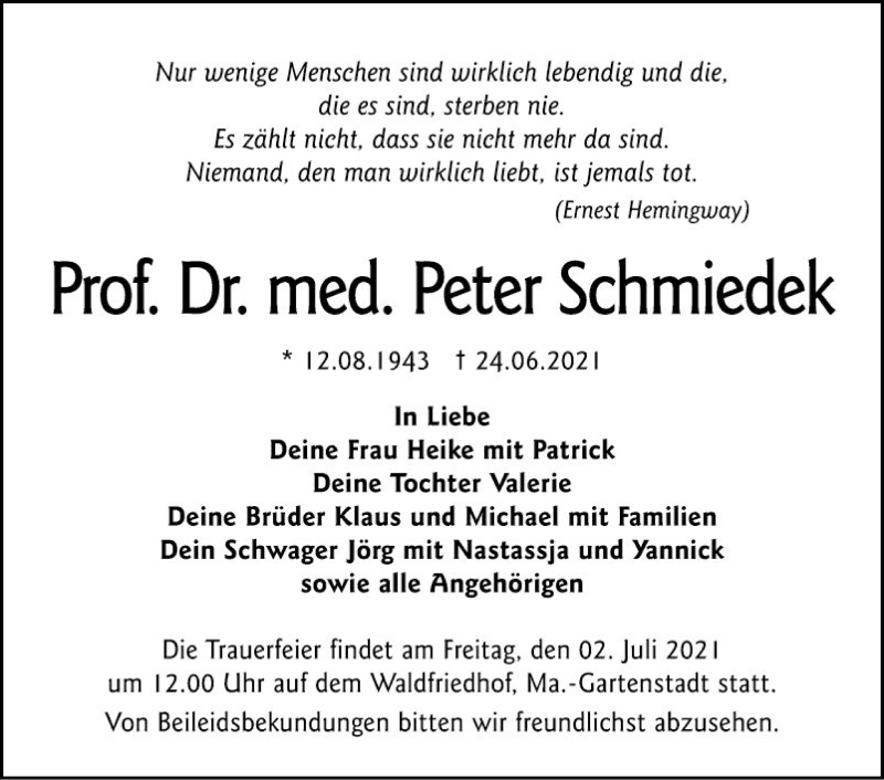  Traueranzeige für Peter Schmiedek vom 30.06.2021 aus Mannheimer Morgen