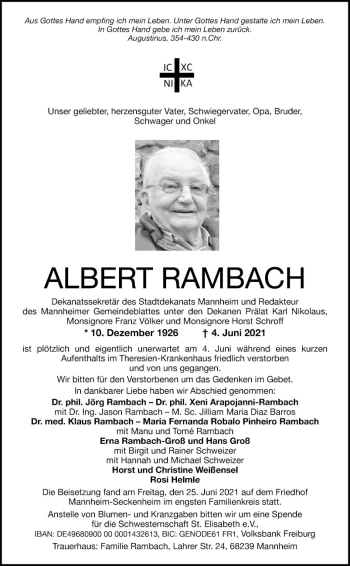 Traueranzeige von Albert Rambach von Mannheimer Morgen