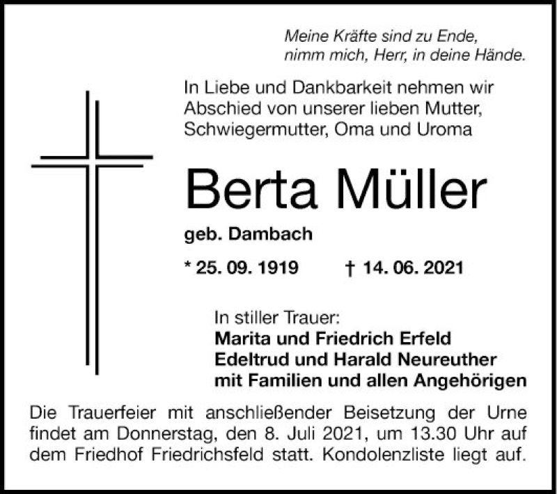  Traueranzeige für Berta Müller vom 03.07.2021 aus Mannheimer Morgen
