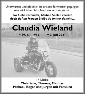 Traueranzeige von Claudia Wieland von Mannheimer Morgen