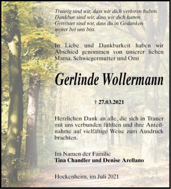 Traueranzeige von Gerlinde Wollermann von Schwetzinger Zeitung