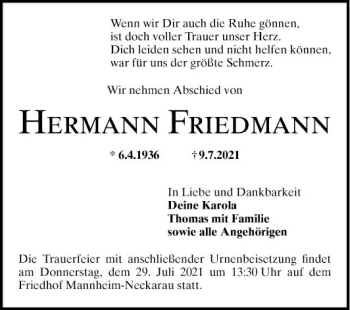 Traueranzeige von Hermann Friedmann von Mannheimer Morgen