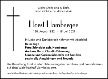 Traueranzeige von Horst Hamberger von Südhessen Morgen