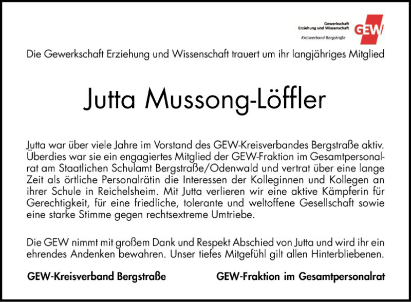 Traueranzeige für Jutta Mussong-Löffler vom 10.07.2021 aus Bergsträßer Anzeiger