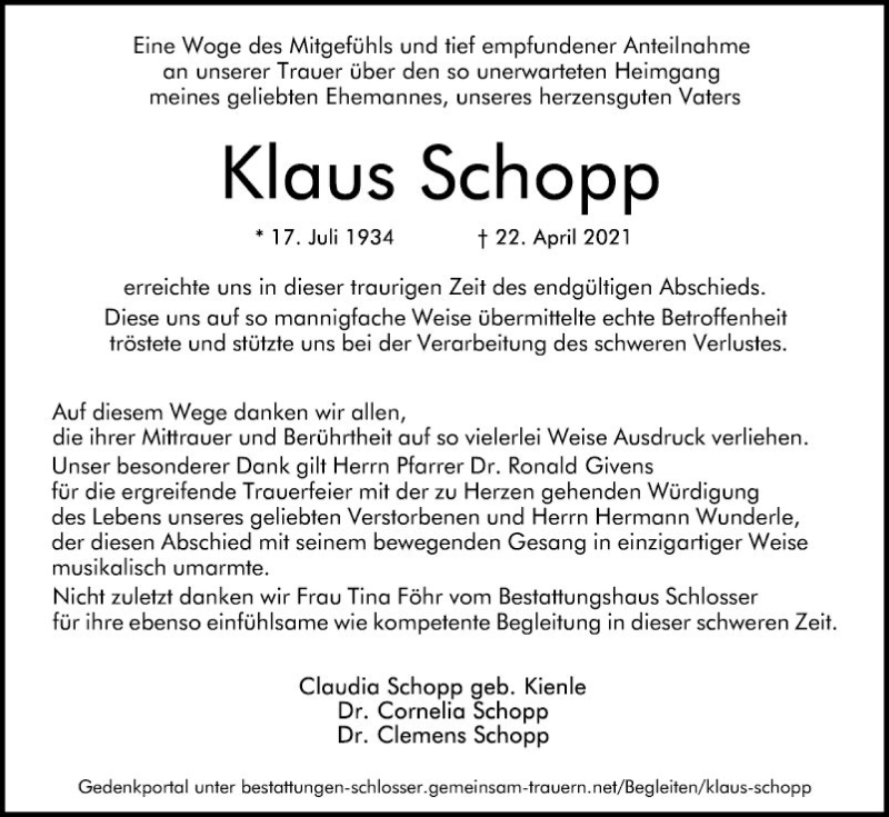  Traueranzeige für Klaus Schopp vom 17.07.2021 aus Südhessen Morgen