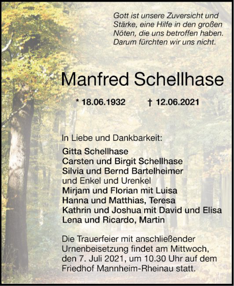  Traueranzeige für Manfred Schellhase vom 03.07.2021 aus Mannheimer Morgen