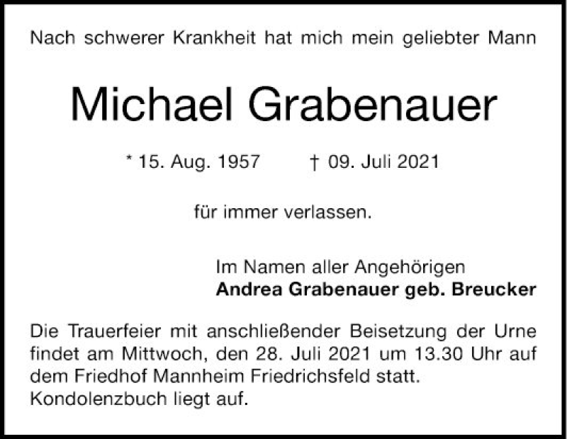  Traueranzeige für Michael Grabenauer vom 24.07.2021 aus Mannheimer Morgen