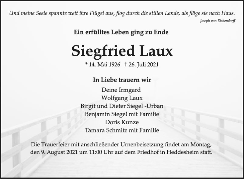  Traueranzeige für Siegfried Laux vom 31.07.2021 aus Mannheimer Morgen