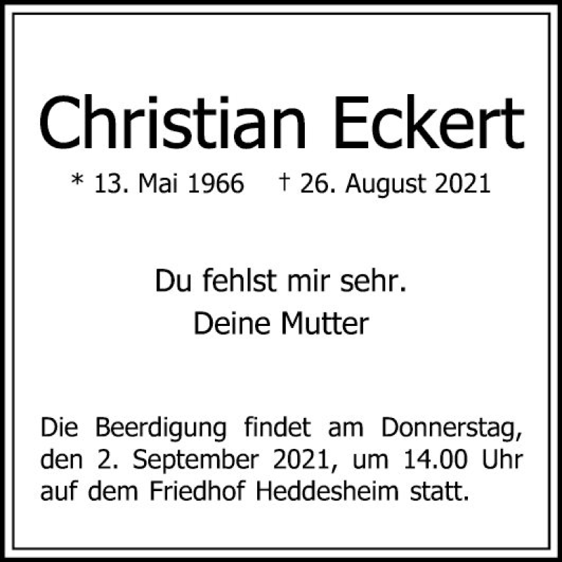  Traueranzeige für Christian Eckert vom 31.08.2021 aus Mannheimer Morgen
