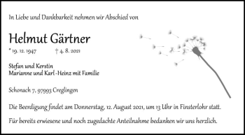 Traueranzeige von Helmut Gärtner von Fränkische Nachrichten