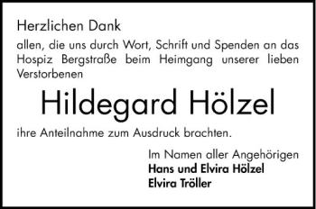 Traueranzeige von Hildegard Hölzel von Bergsträßer Anzeiger