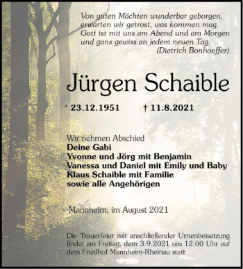 Traueranzeige von Jürgen Schaible von Mannheimer Morgen