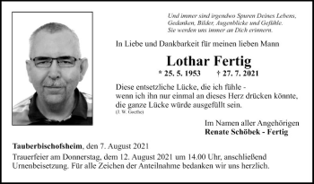 Traueranzeige von Lothar Fertig von Fränkische Nachrichten