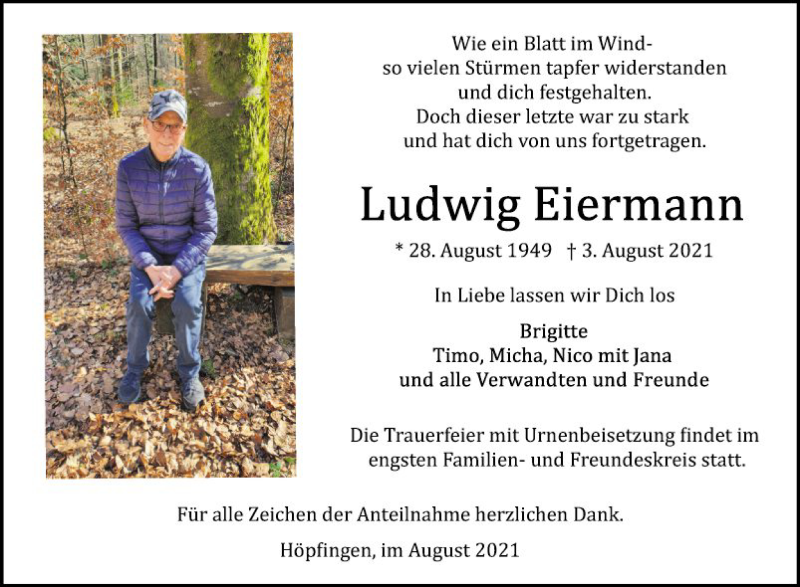  Traueranzeige für Ludwig Eiermann vom 11.08.2021 aus Fränkische Nachrichten