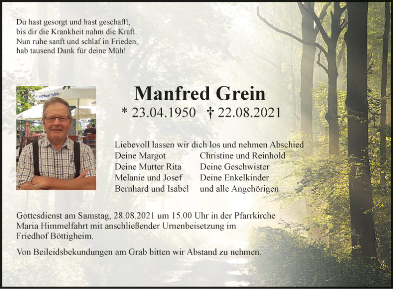  Traueranzeige für Manfred Grein vom 27.08.2021 aus Fränkische Nachrichten