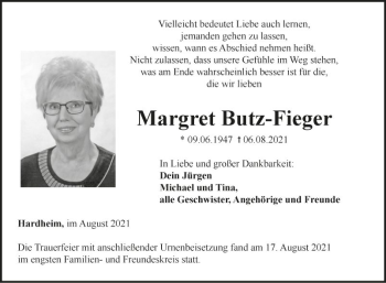 Traueranzeige von Margret Butz-Fieger von Fränkische Nachrichten