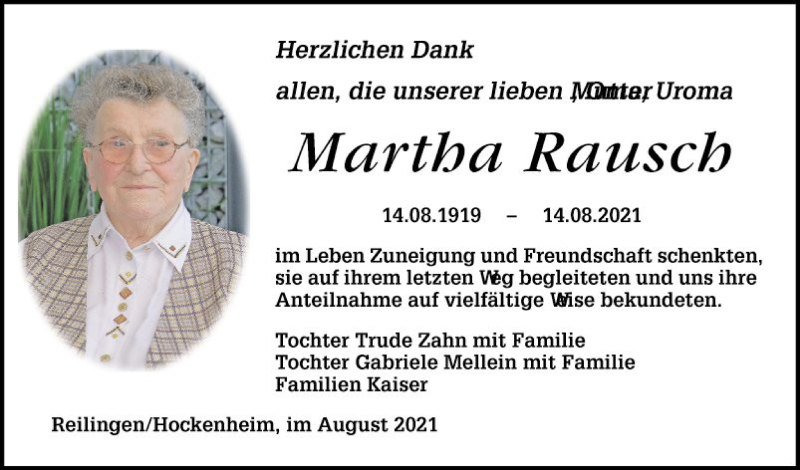 Traueranzeige für Martha Rausch vom 28.08.2021 aus Schwetzinger Zeitung