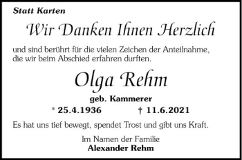 Traueranzeige von Olga Rehm von Mannheimer Morgen