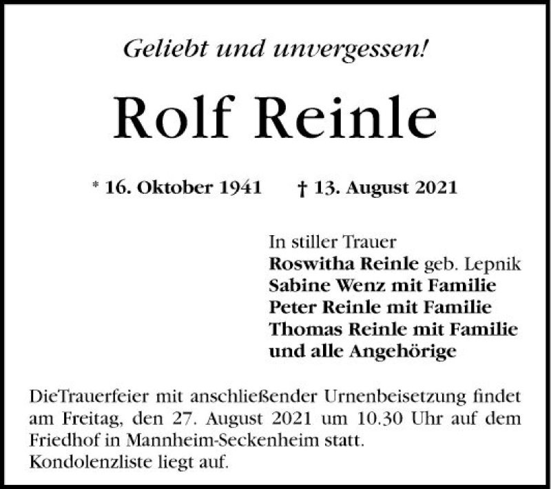  Traueranzeige für Rolf Reinle vom 21.08.2021 aus Mannheimer Morgen