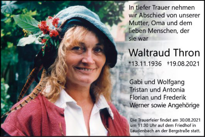  Traueranzeige für Waltraud Thron vom 26.08.2021 aus Bergsträßer Anzeiger