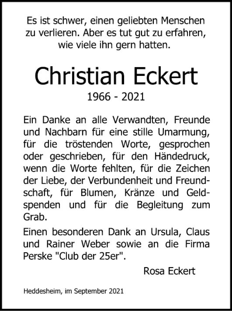  Traueranzeige für Christian Eckert vom 11.09.2021 aus Mannheimer Morgen