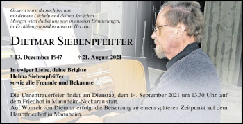 Traueranzeige von Dietmar Siebenpfeiffer von Mannheimer Morgen