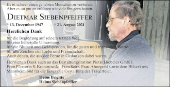 Traueranzeige von Dietmar Siebenpfeiffer von Mannheimer Morgen