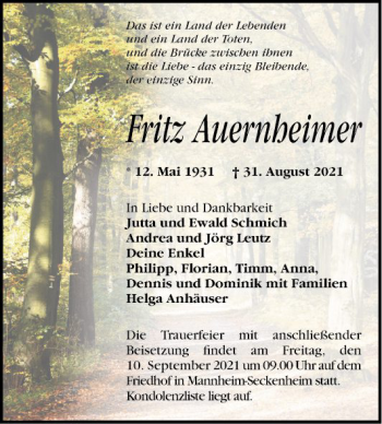 Traueranzeige von Fritz Auernheimer von Mannheimer Morgen