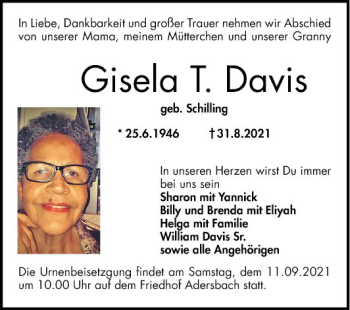 Traueranzeige von Gisela Davis von Schwetzinger Zeitung