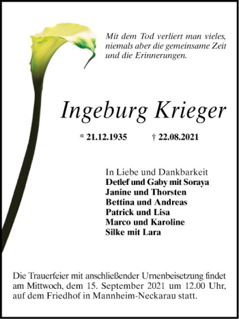 Traueranzeige von Ingeburg Krieger von Mannheimer Morgen