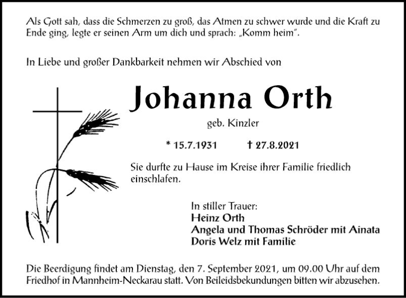  Traueranzeige für Johanna Orth vom 04.09.2021 aus Mannheimer Morgen