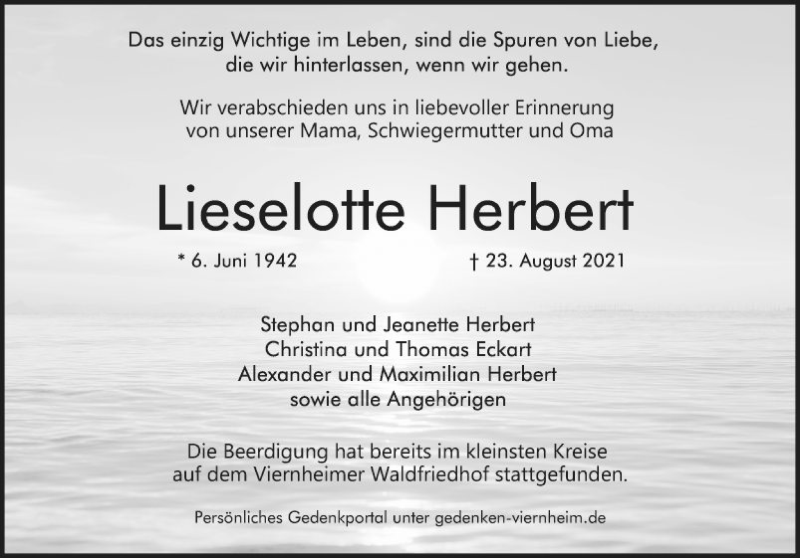  Traueranzeige für Lieselotte Herbert vom 04.09.2021 aus Südhessen Morgen