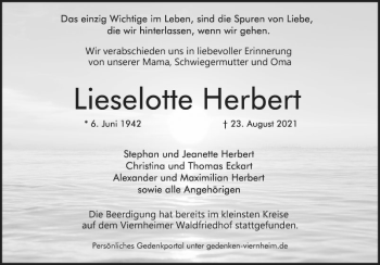 Traueranzeige von Lieselotte Herbert von Südhessen Morgen