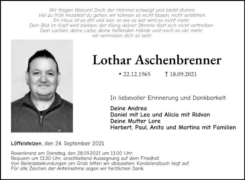  Traueranzeige für Lothar Aschenbrenner vom 24.09.2021 aus Fränkische Nachrichten