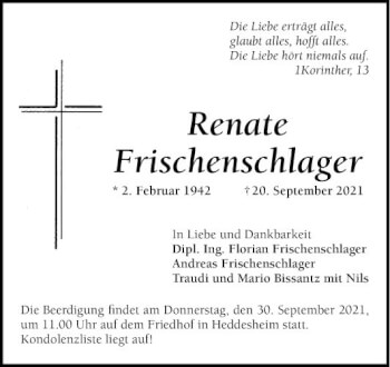 Traueranzeige von Renate Frischenschlager von Mannheimer Morgen