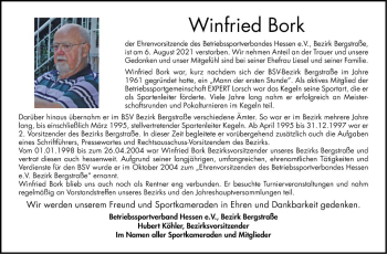 Traueranzeige von Winfried Bork von Bergsträßer Anzeiger