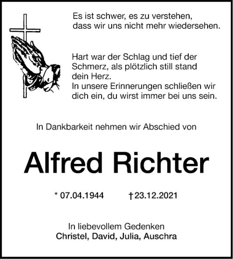  Traueranzeige für Alfred Richter vom 08.01.2022 aus Südhessen Morgen