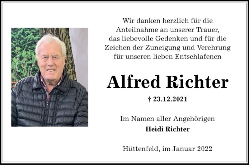  Traueranzeige für Alfred Richter vom 22.01.2022 aus Südhessen Morgen