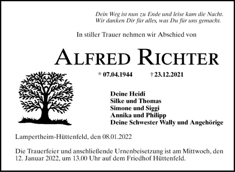  Traueranzeige für Alfred Richter vom 08.01.2022 aus Mannheimer Morgen