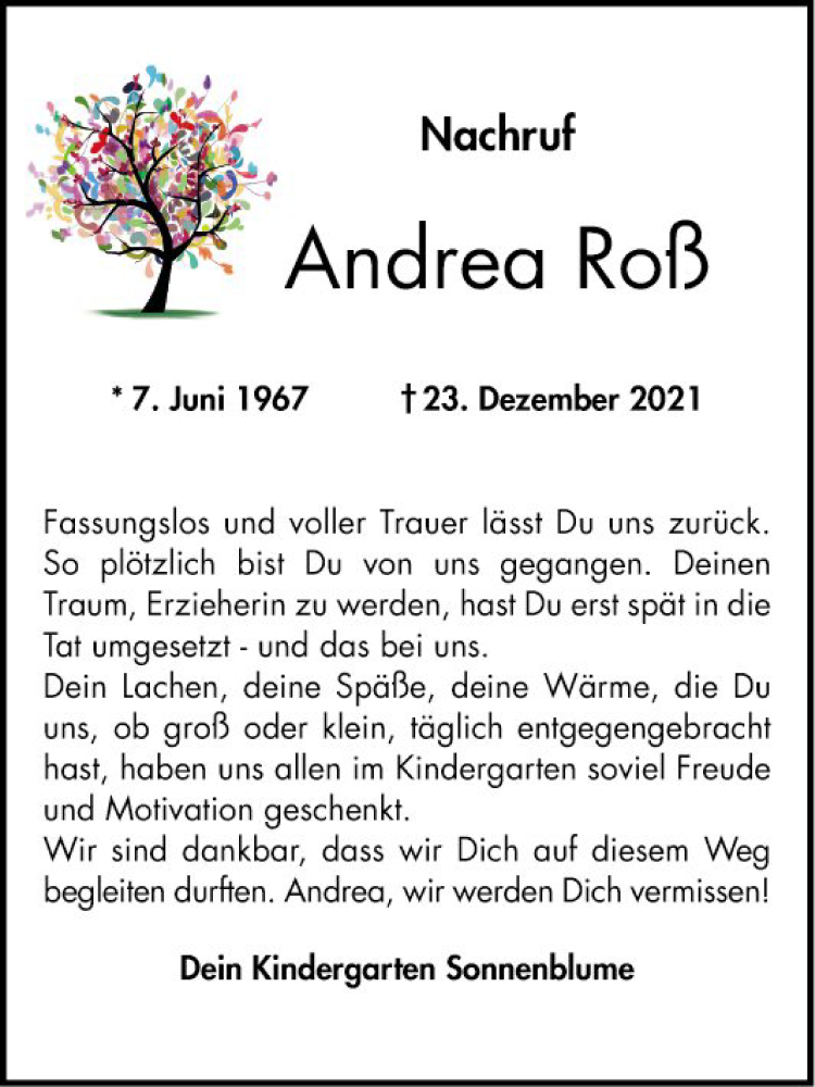  Traueranzeige für Andrea Roß vom 08.01.2022 aus Bergsträßer Anzeiger