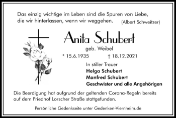 Traueranzeige von Anita Schubert von Südhessen Morgen