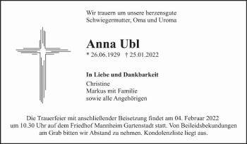 Traueranzeige von Anna Ubl von Mannheimer Morgen