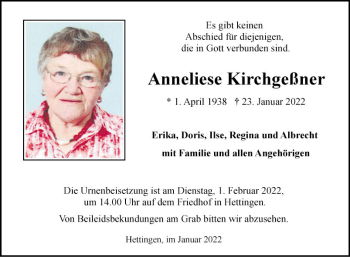 Traueranzeige von Anneliese Kirchgeßner von Fränkische Nachrichten